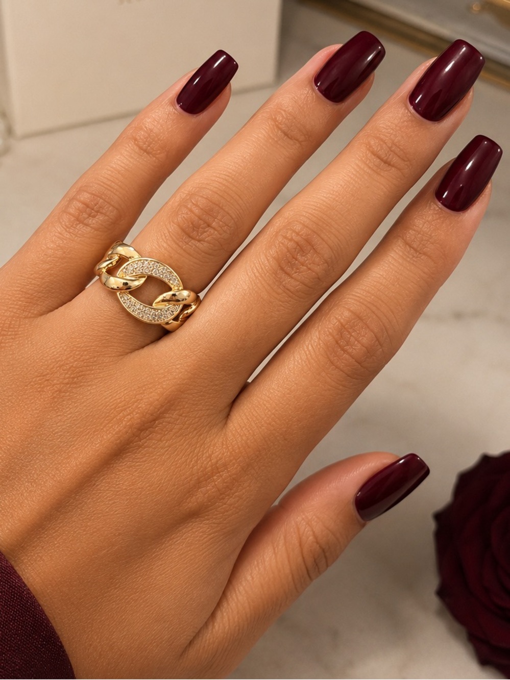 18k Gold Filled Statement Gold Chain-Link Pavé Ring SZ 8